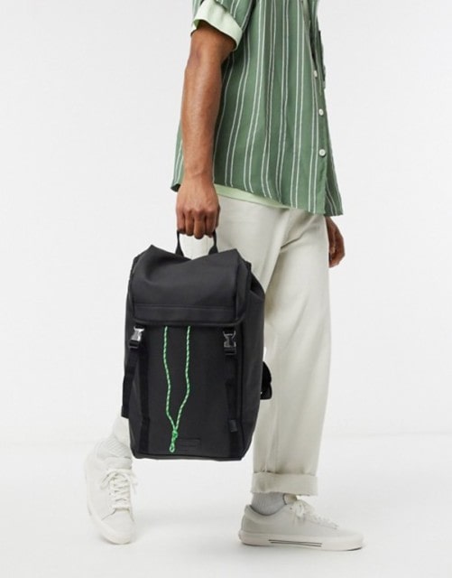 ASOS（エイソス）/ DESIGN backpack in black rubberised finish with double strap and neon cord