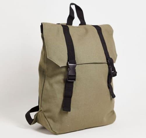 ASOS DESIGN backpack in khaki heavyweight canvas and double strap in black detail